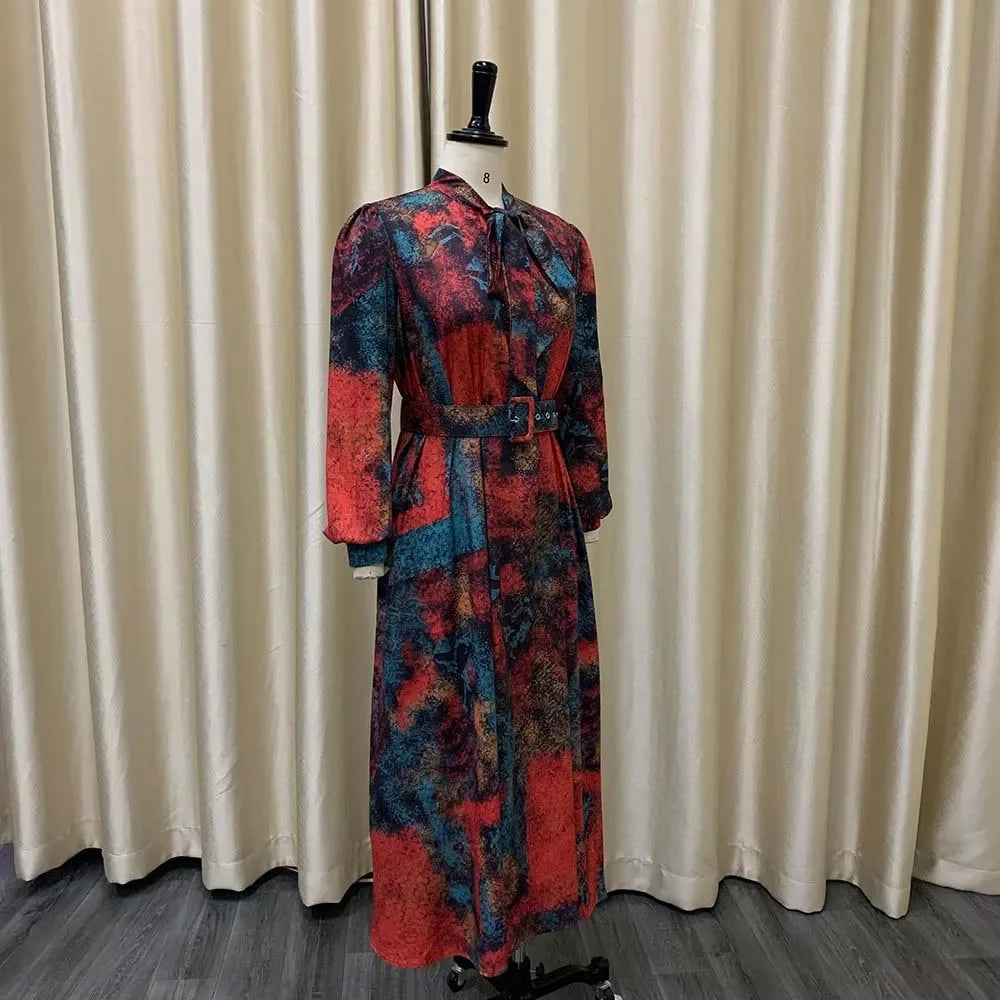 Elegant Vintage Dresses for Women Bow Collar Full Sleeve Belt Waisted A Line Mid Calf Birthday Party Dinner Vestidos Mujer Dress