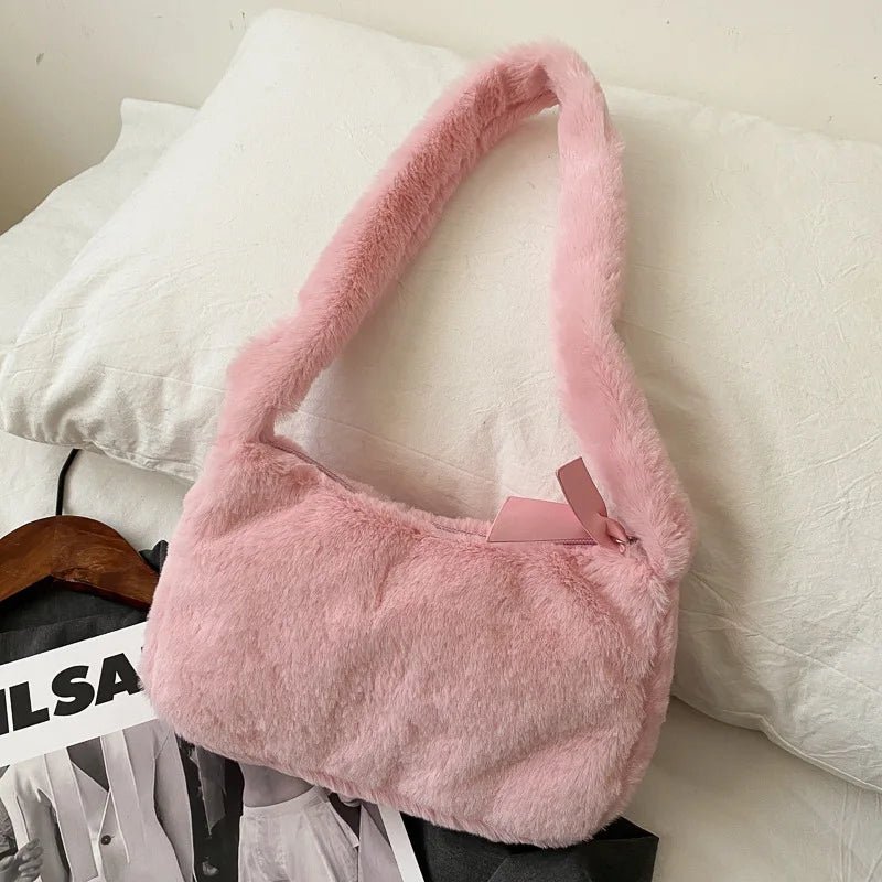 Simple Design Women's Soft Plush Hobo Shoulder Bag | Winter Furry Ladies Clutch Purse & Handbag (Fashion Female Underarm Bag) Luxegan
