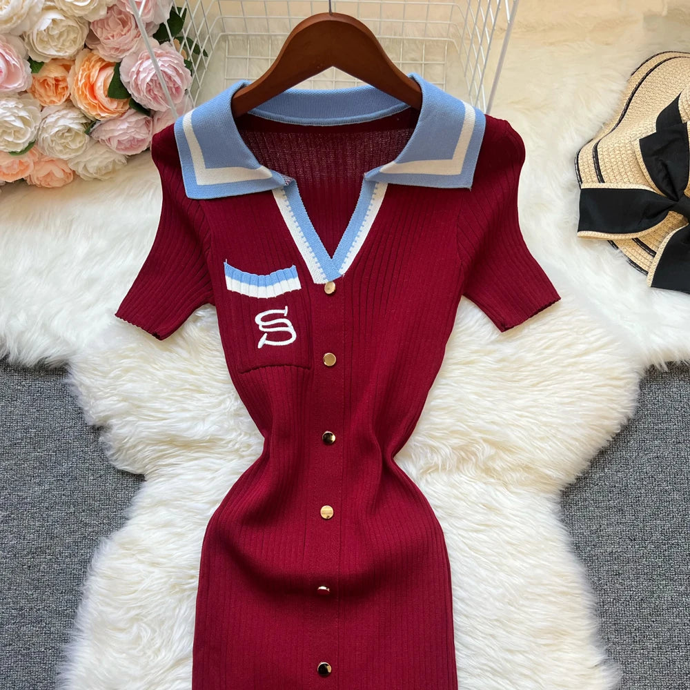 Brand Fashion Summer Knitted Bodycon Dress | Y2K Embroidered Long Sweater Dress | Short-Sleeve Turn-Down Collar Slim Streetwear Midi Luxegan