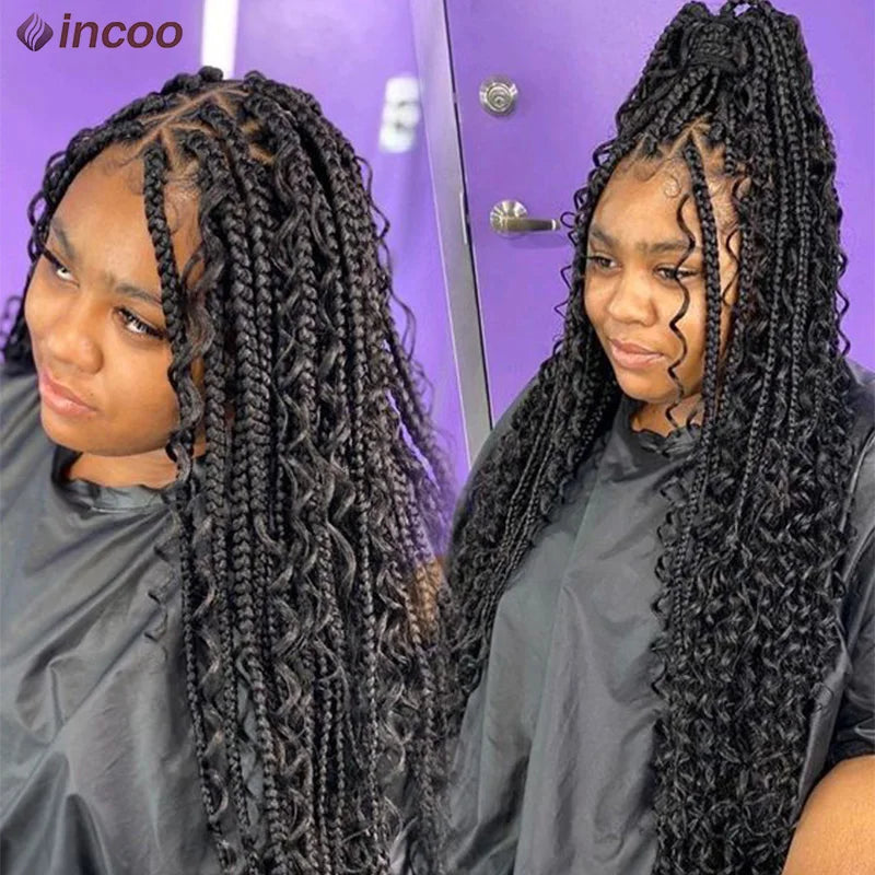 Boho Box Braided Wigs Curly Hair Synthetic Full Lace Front Wigs for Women Goddess Locs Braid Wig Burgundy Bohemian Box Braid Wig Luxegan