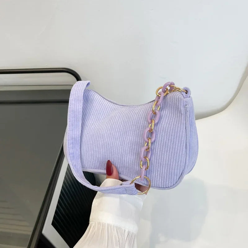Korean Fashion Vintage Corduroy Underarm Bag | Women's Summer Soft Zipper Shoulder Small Bag | Casual Clutch Handbag Luxegan