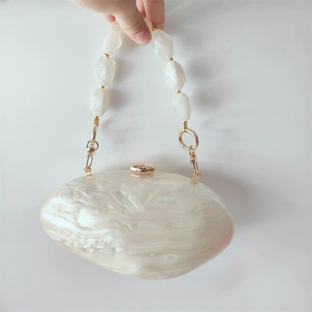 Oval Marble Beige Shell Acrylic Luxury Elegant Lady Evening Bag | Cute Handbag & Wedding Girl Female Mini Purse Luxegan