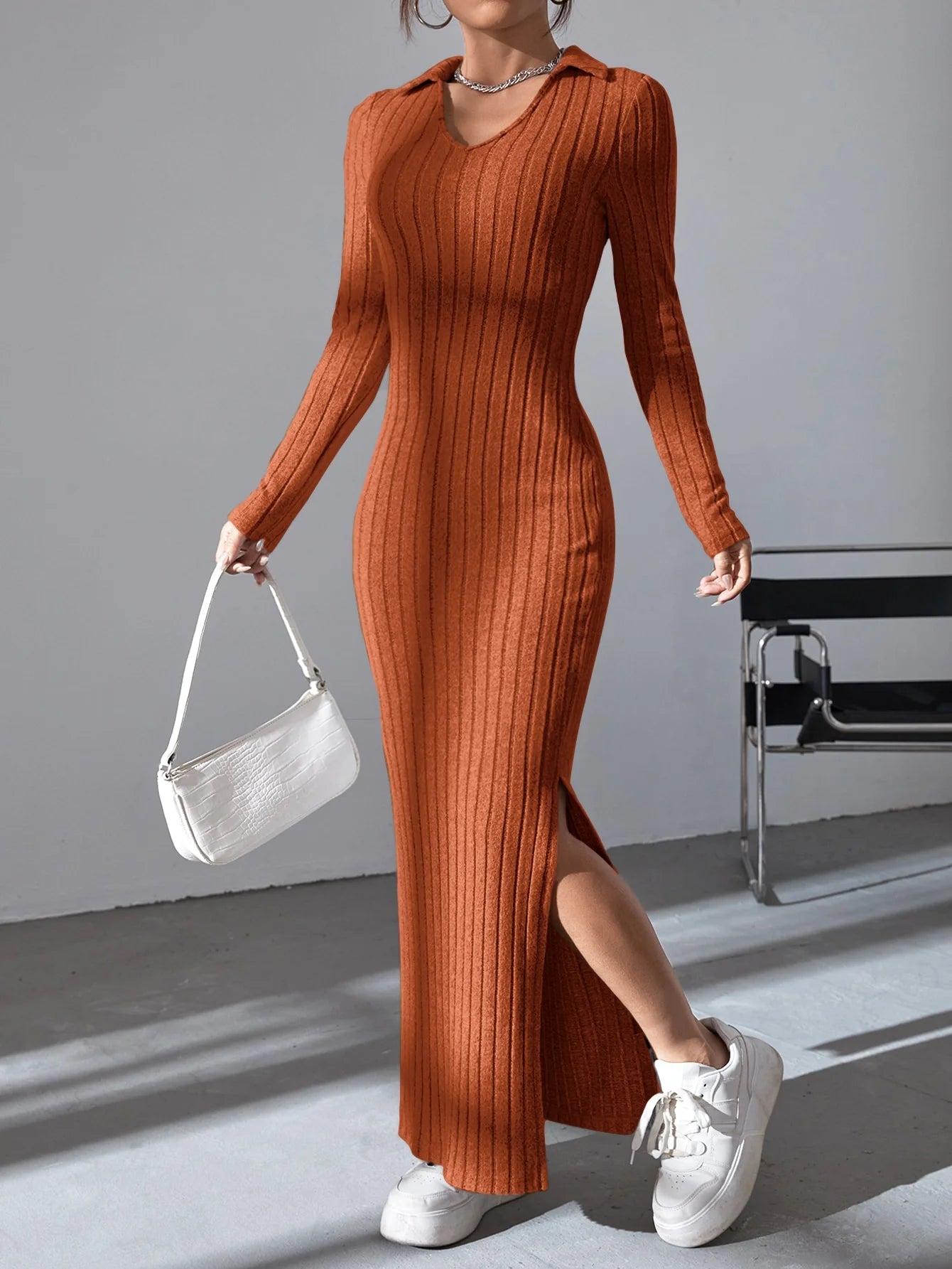 Women's Sexy Solid V-Neck Knit Dress | Reverse-Neck Split Ankle-Length Sweater Dress | Full-Sleeve High-Stretch Slim Office Lady Sheath Luxegan