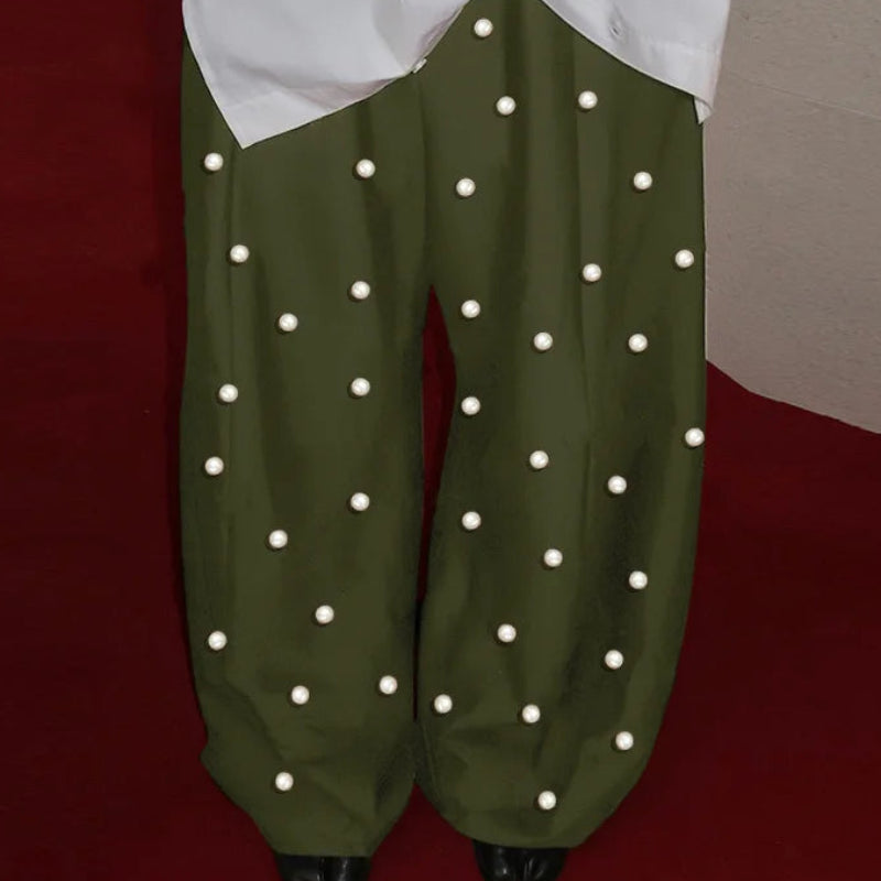 Pearl Decoration Design Trousers | Sophisticated Straight Leg Silhouette | Elegant "Ankle-Length" - view 2