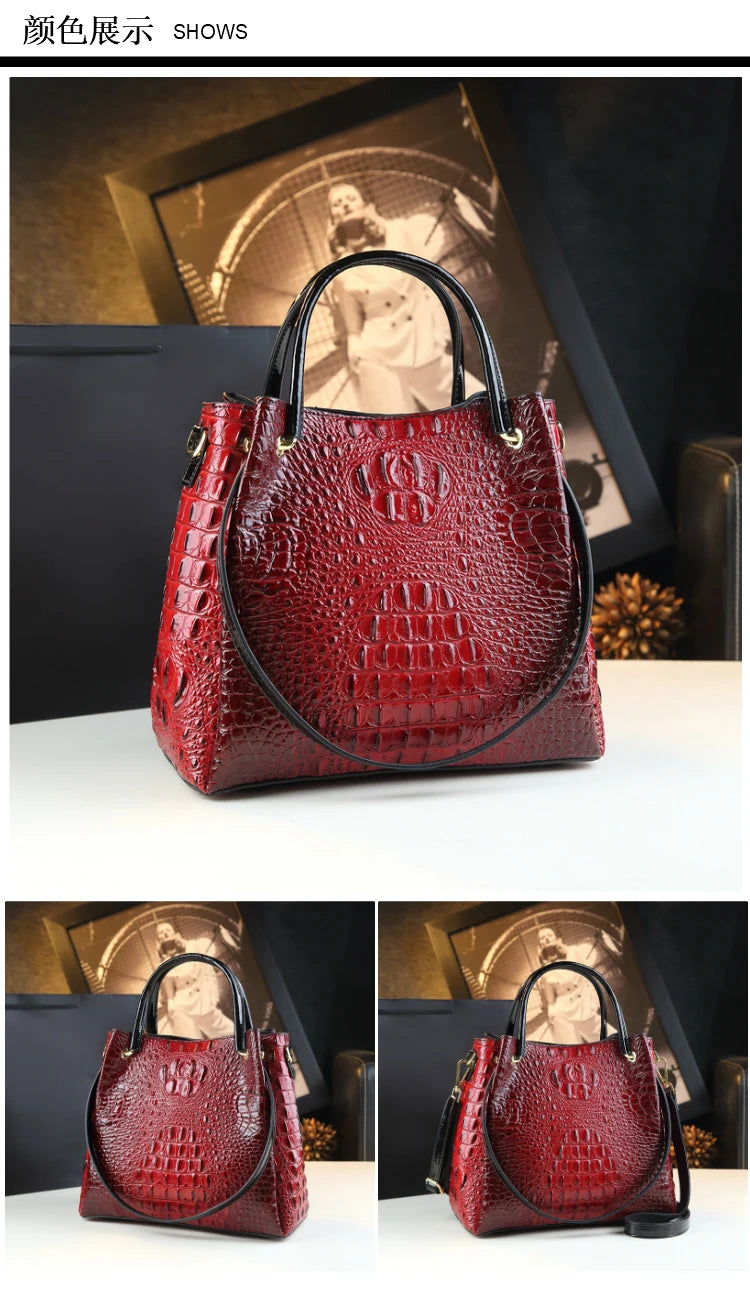 Genuine Leather Crocodile Print Bucket Bag | Vintage Tote & Messenger Luxegan