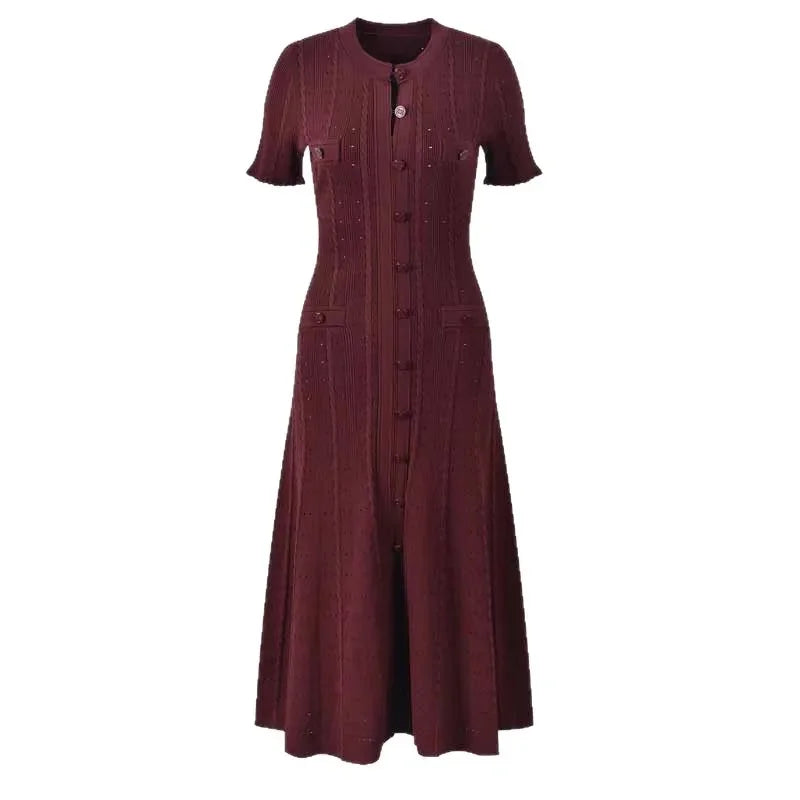 French Style Knitted Long Dress round Neck Hollow out Wooden Edge Skirt Elegant Autumn Luxury Women's Fashion One Piece Dress