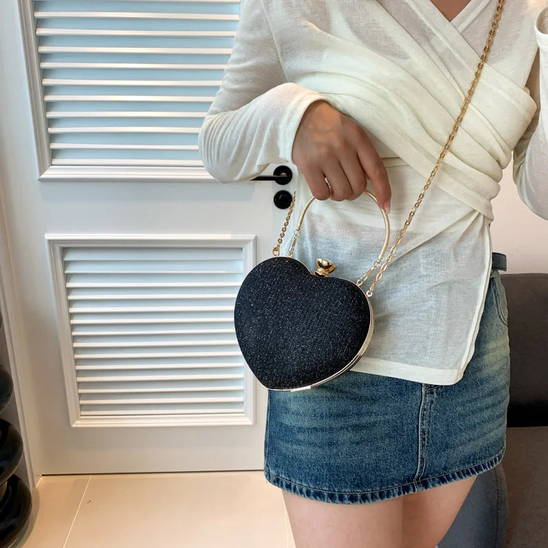 Shiny Heart Shape Metal Evening Clutch Bag for Women | Fashion Chain Shoulder Crossbody Bag (Luxury Lady Purse) Luxegan