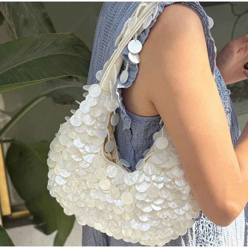Designer Women's Pearlescent Inlay Half Moon Crossbody Bag | Exquisite Shell Beaded Handbag with Sequin & Wooden Handle Tote Luxegan