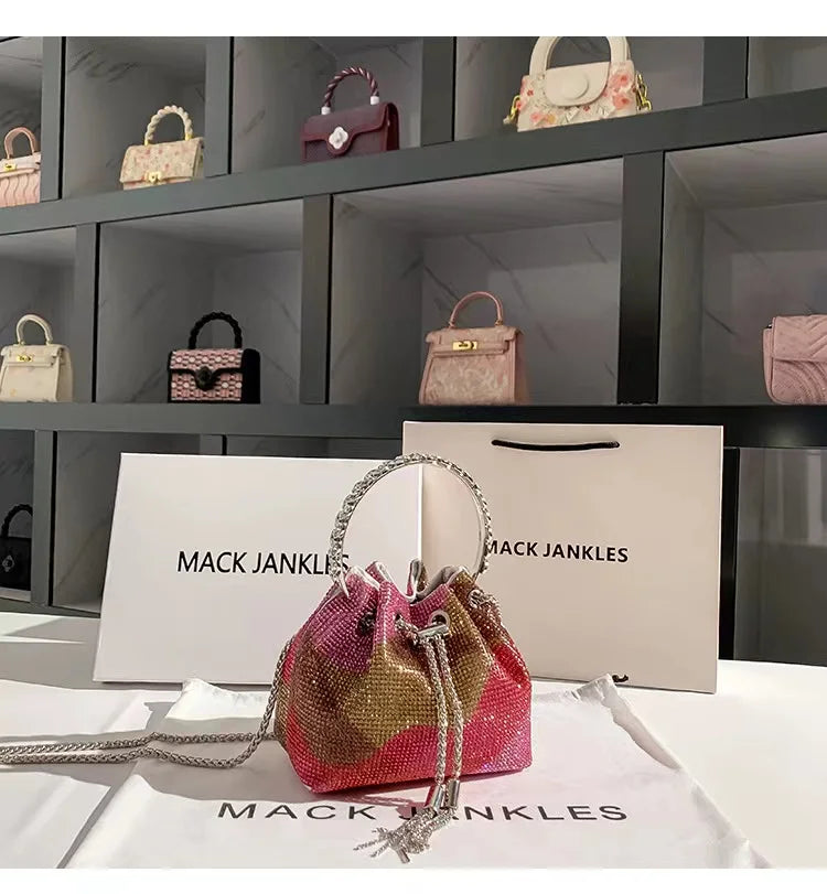 Fashion Metal Ring Handle Bucket Bag | Glitter Shiny Diamond Evening Purse | Luxury Rhinestone Wedding Party Clutch & Crossbody Bag (Model SHRF38) Luxegan