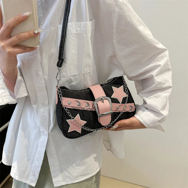 Fashion Women's Handbags Denim Stars Pattern | Cool Girls Underarm Bag Female Small Shoulder Hobo Bags Chain Tote Bag Luxegan