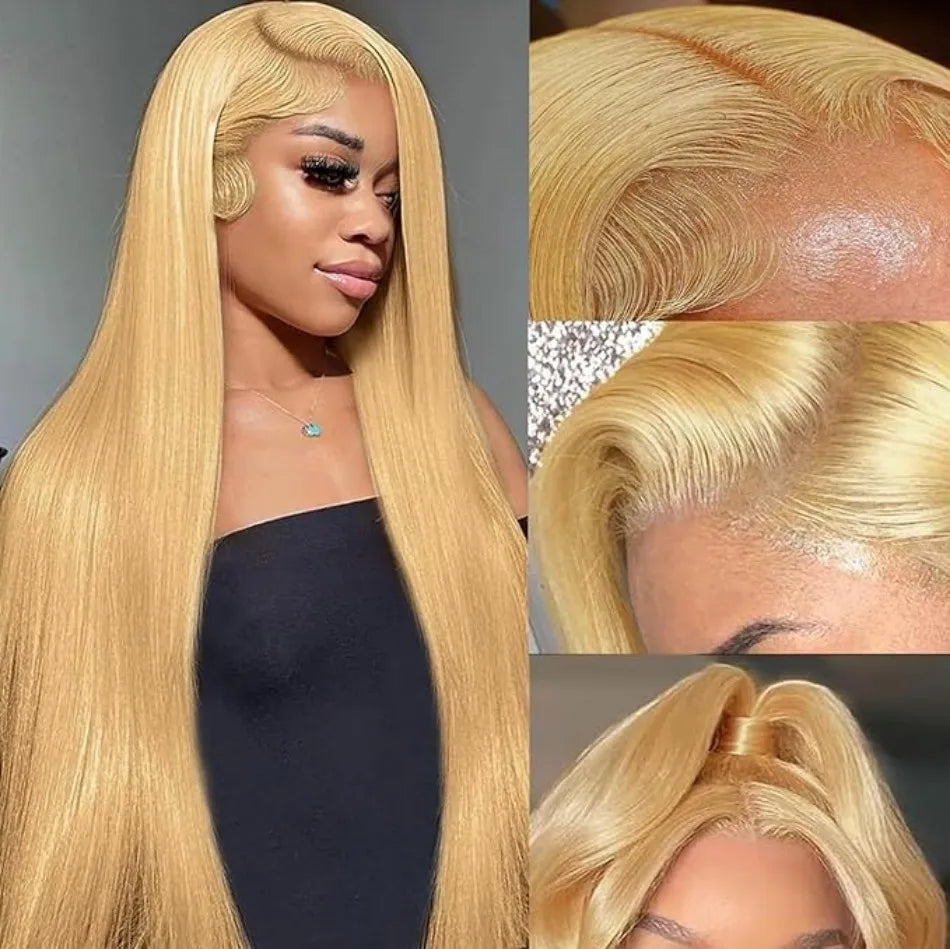 250% Density Honey Blonde Straight Wig | Sophisticated 13x6 HD Lace Frontal | Elegant #27 Colored Brazilian Human Hair | "Dignified" 26+ Inch Pre-Plucked Remy Hair for Radiant Versatile Styling Luxegan