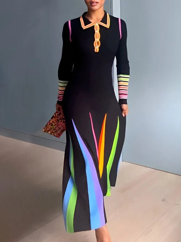 Colorful Striped Elegant Dress | Sophisticated Lapel Polo Collar Silhouette | Elegant "Mid-Calf" High Waist Gown | "Dignified" Office Lady Fit and Flare Design for Radiant Versatile Styling Luxegan
