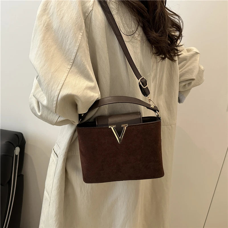 Vintage Mini Faux Suede Satchel | Fashionable Hardware Lock Buckle Handbag | Trendy Quilted & Sequined Shoulder Bag | Women's Small Crossbody Purse with Suede Texture Luxegan