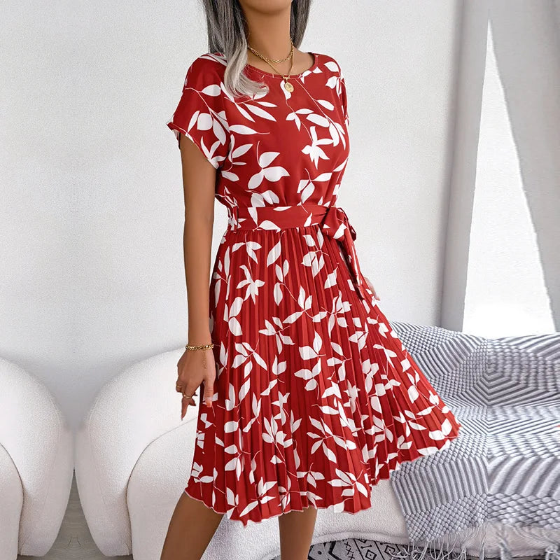 Floral Chiffon High-Waist A-Line Dress | Pleated O-Neck Short Sleeve Casual Dress | Elegant Empire Waist Summer Midi Dress Luxegan