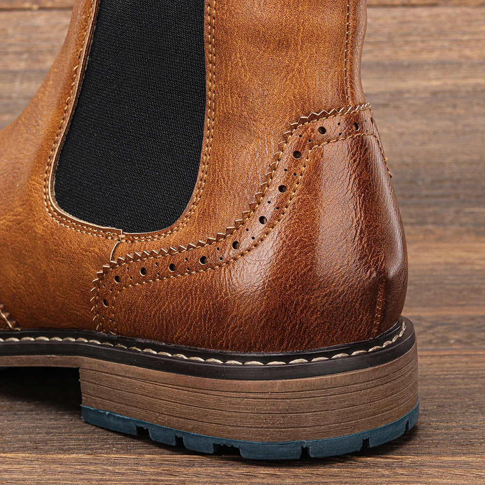 Brogue Chelsea Men's Boots | American Style Comfortable Fashion Leather Boots (Low Heel) Luxegan
