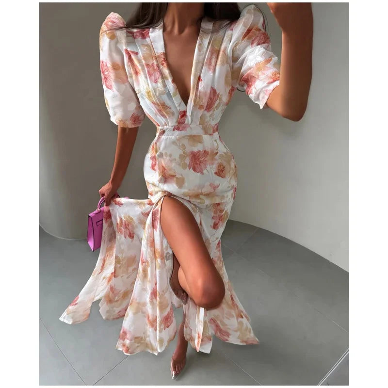 Flutter Sleeves Slim Long Dress Women Casual Pleated Deep V-neck Floral Print High Waist Dresses 2026 Lady Summer Holiday Wear