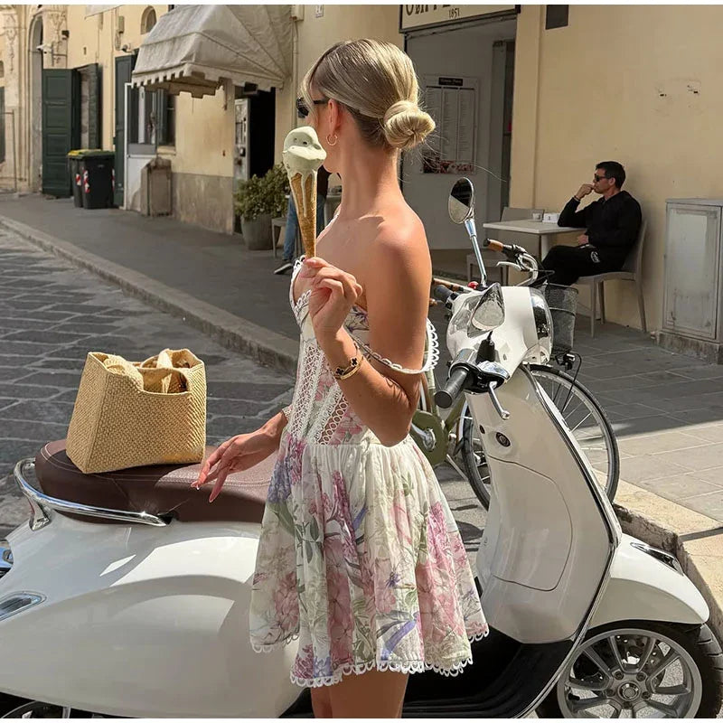 Floral Print Lace Patchwork Mini Dress Sleeveless Flared Hem Waist-cinching Spaghetti Strap Dresses Summer Chic Elegant Gown