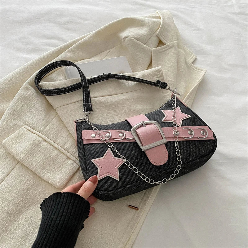 Fashion Women's Handbags Denim Stars Pattern | Cool Girls Underarm Bag Female Small Shoulder Hobo Bags Chain Tote Bag Luxegan