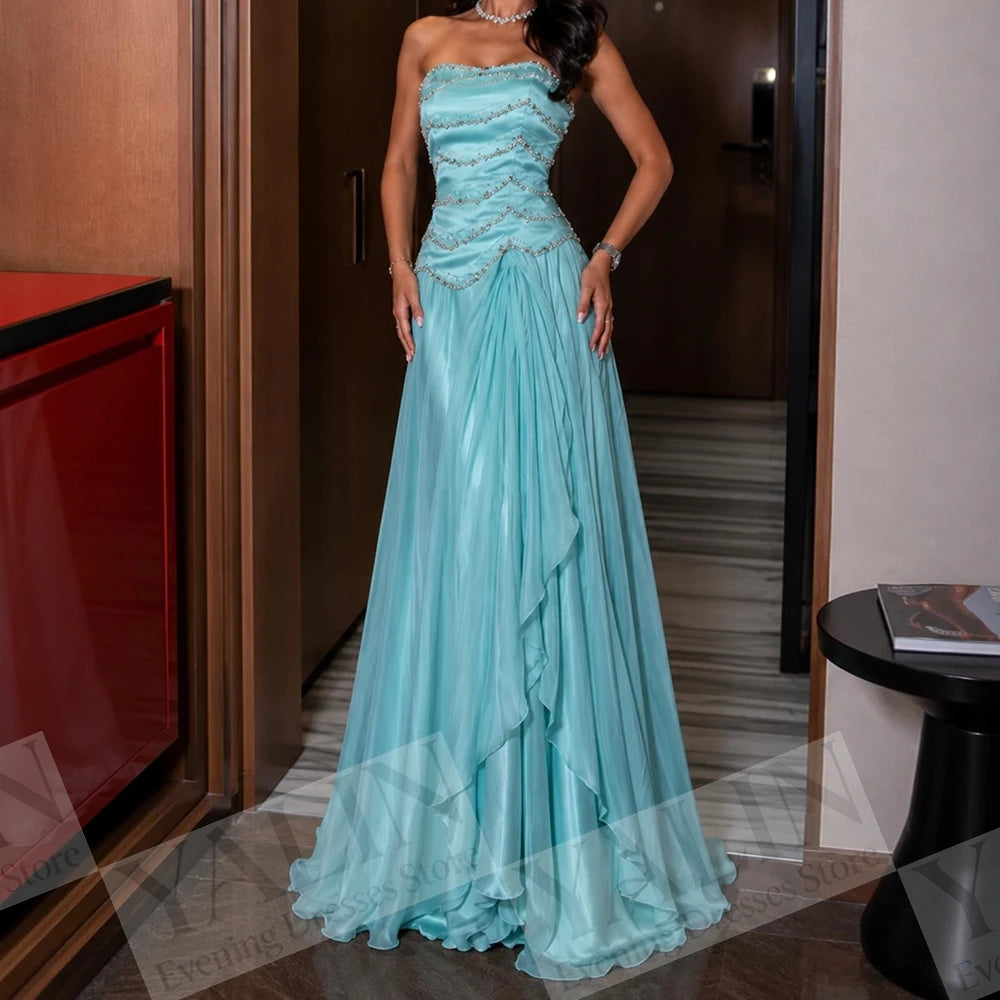 Beaded Draped A-Line Prom Gown | Strapless Sleeveless Floor-Length Evening Dress Luxegan