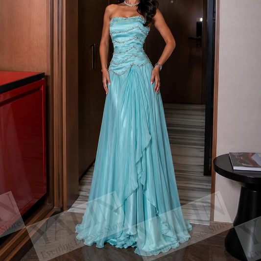 Beaded Draped A-Line Prom Gown | Strapless Sleeveless Floor-Length Evening Dress Luxegan