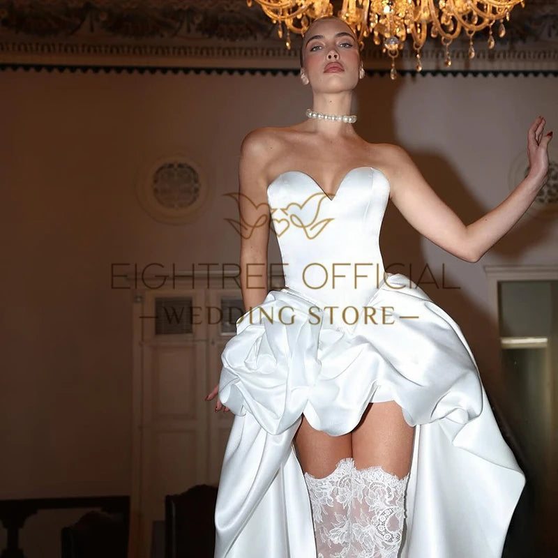 Modern Sweetheart A-Line Wedding Dress | Glamorous High-Low Satin Bridal Gown | Custom Made Boho Beach Vestidos De Novia with Sweep Train | Vintage Model R20241227-7 Zipper Back Masterpiece Luxegan