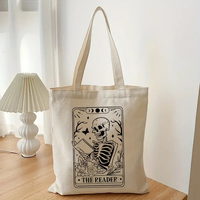 The Reader Pattern Tote Canvas Bag | Shopping Shoulder Bags Cloth Friend Shopping Bag | Large Minimalist Handbag Skull Decoration