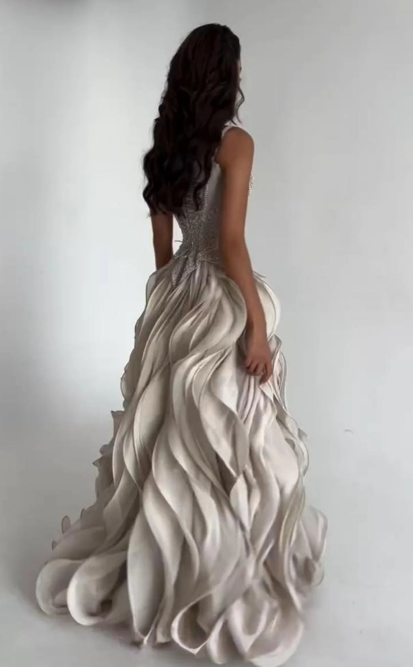 MisShow Elegant Sling Evening Dresses Square Collar Beaded Strap Layered Ruffled High Slit Prom Dress Customized Formal Vestidos