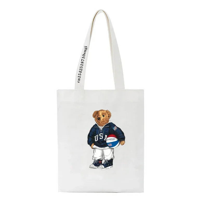 Fashion Bear Print Eco Women Shoulder Bags | Female Handbag Canvas Shopping Bag | Casual Large Ladies Travel Totes Bags Luxegan