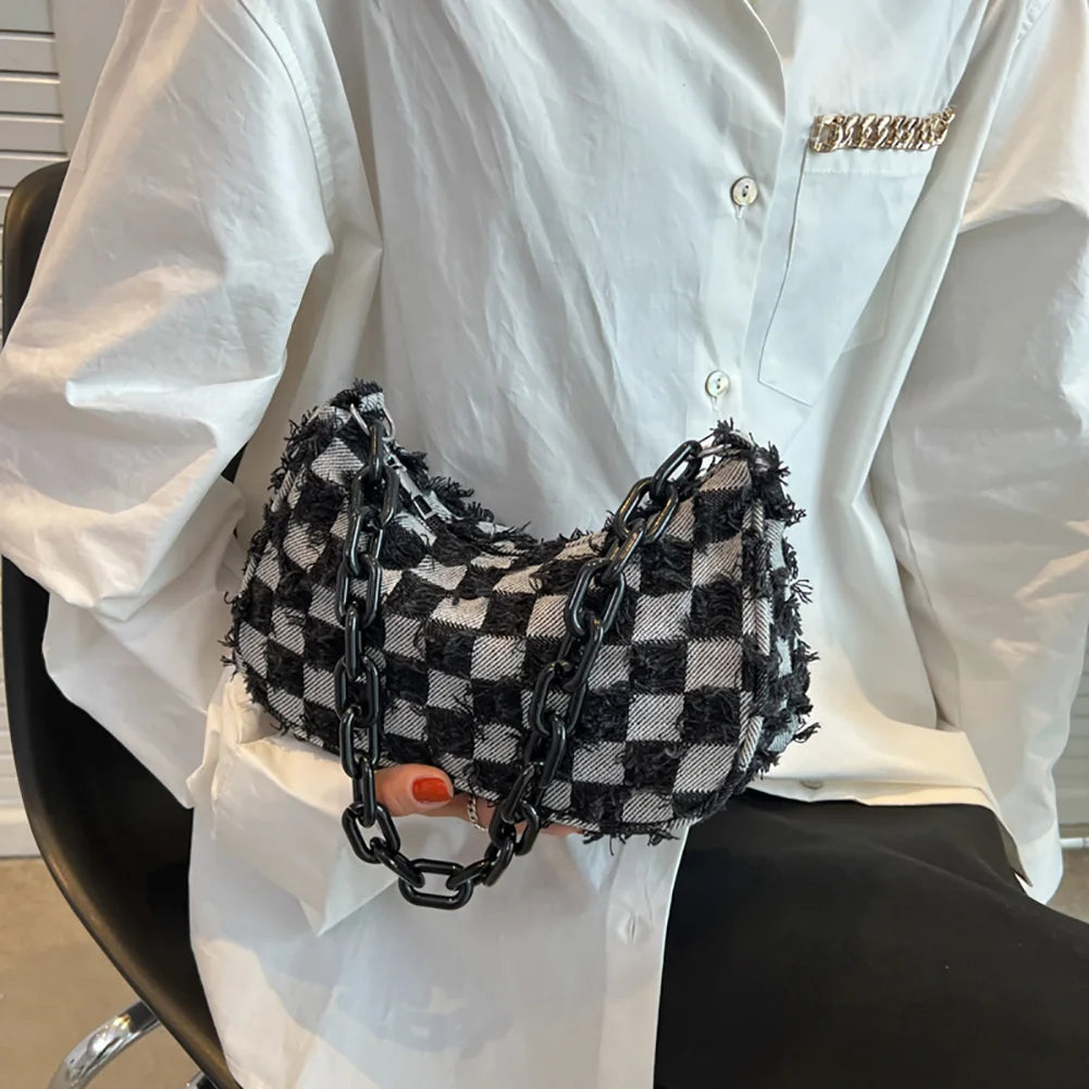Vintage Women's Casual Shoulder & Underarm Bag | Plaid Pattern Denim Small Purse (Ladies Chain Leisure Handbag, Hobo Style) Luxegan