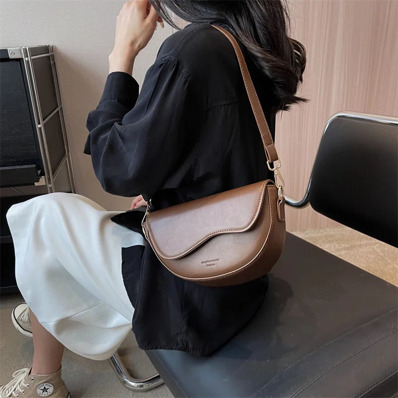 Vintage PU Leather Saddle Bag | Small Handbag with Lettering Luxegan
