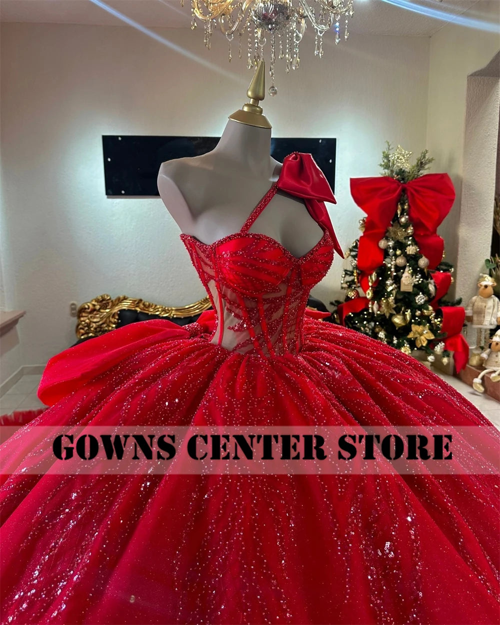 Red Puff Ruched Train Ball Gown Quinceanera Dress With Bow One Shoulder Beaded Appliques Sweet 15 Vestidos De 15 Años Customized