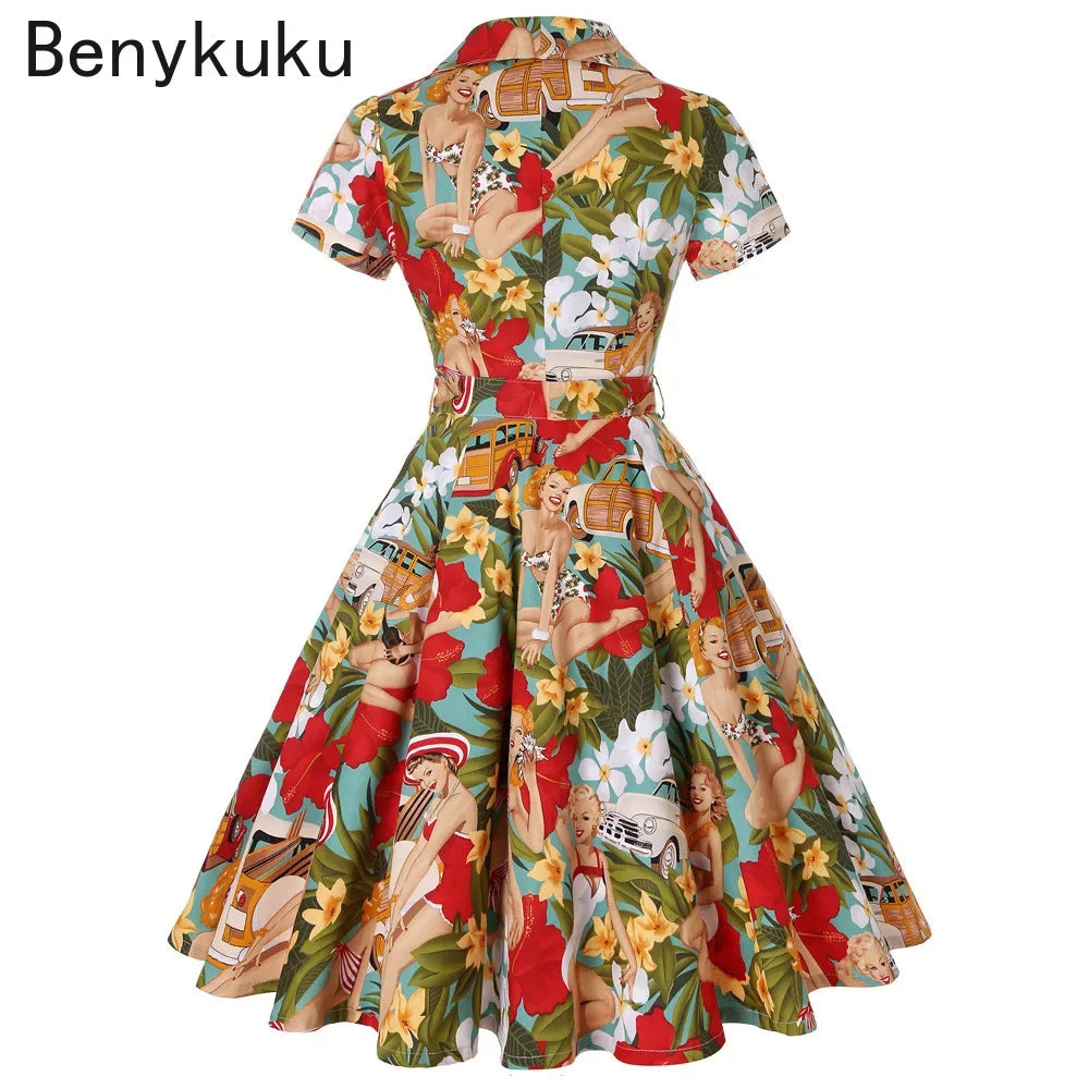 Hepburn Style Lemon Printed Vintage Dresses 1950s 60s Office 2025 Turn Down Collar Short Sleeve Tunic A-Line Belted Cotton Dress