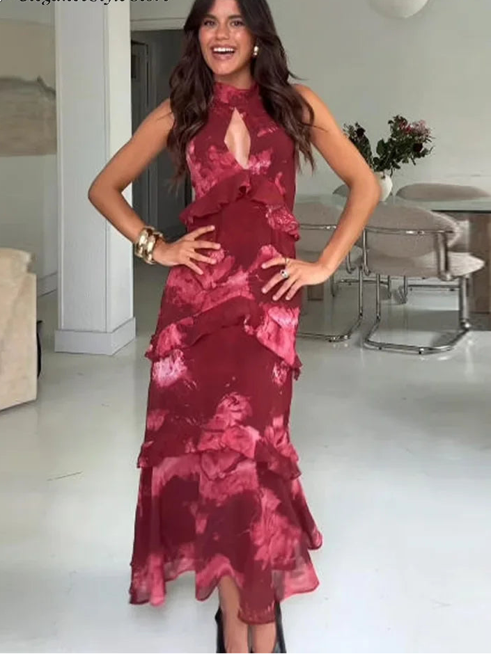 Hollow-Out Halter Backless Ruffle Maxi Dress | Sleeveless Waist-Cinching Party Evening Gown Luxegan
