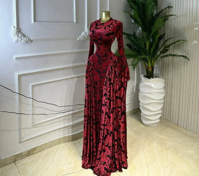 Floral O-Neck Full-Length Sleeve Mesh Pleated A-Line Floor-Length Dress – Empire Waist, Regular Fit, Spring/Summer Luxegan