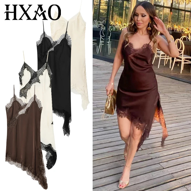 Women's Elegant Lace Asymmetric Slip Dress | Sexy Summer Evening Camisole Gown | Ladies Backless Sleeveless Regular Fit Mini Dress | Premium Non-Stretch Solid Brown Vestido Model Lace Slip Dress Luxegan