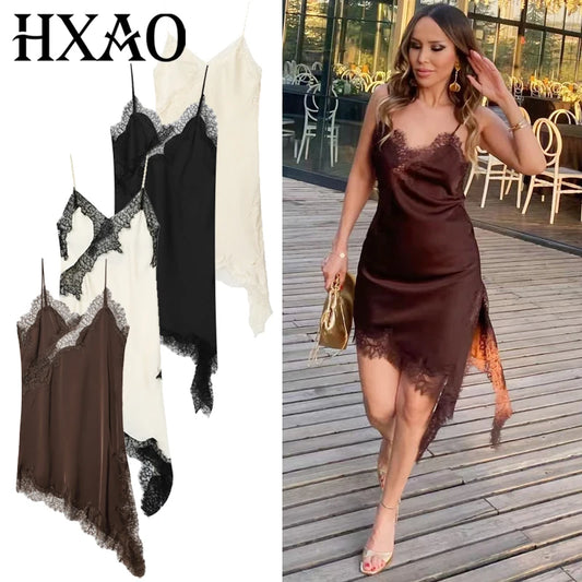Women's Elegant Lace Asymmetric Slip Dress | Sexy Summer Evening Camisole Gown | Ladies Backless Sleeveless Regular Fit Mini Dress | Premium Non-Stretch Solid Brown Vestido Model Lace Slip Dress Luxegan