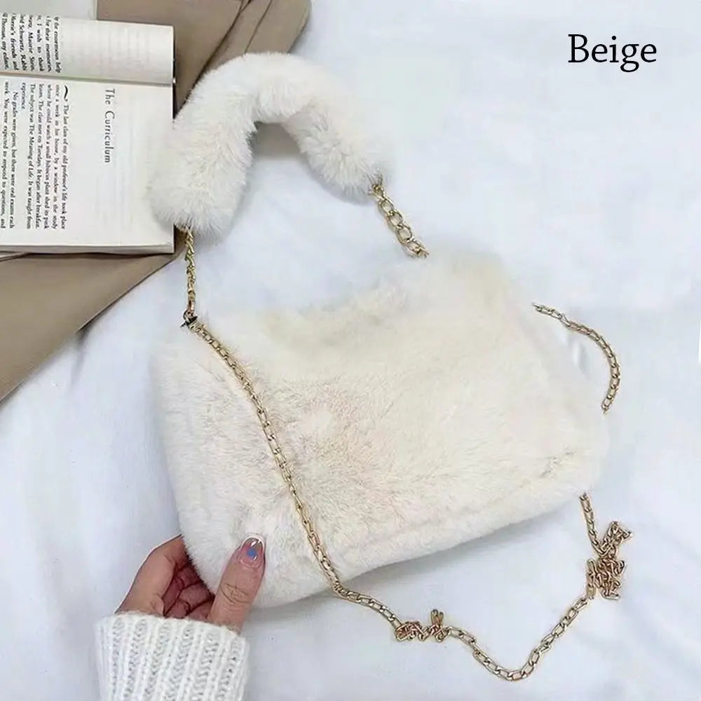 Fashion Women’s Fluffy Shoulder Bag | Sophisticated Winter Plush Underarm Bag | Elegant Solid Color Handbag with Chain Detail | Soft Handle Bag for Parties and Social Events Luxegan