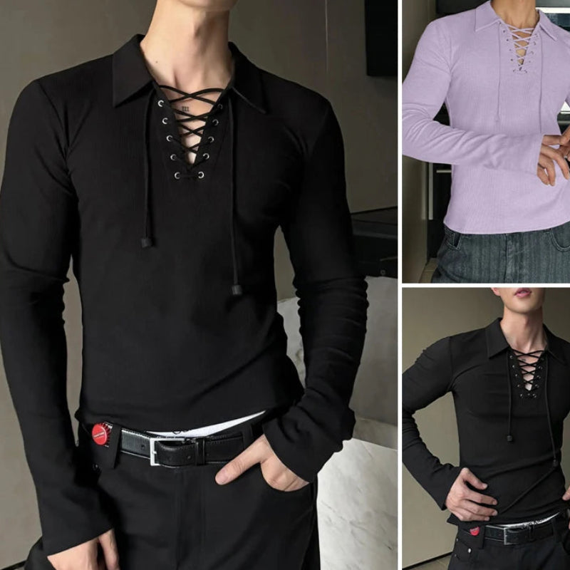 Mesh Drawstring Texture T-Shirt | Sophisticated Turn-Down Collar Silhouette | Elegant "Full-Length" Breathable Camiseta | "Dignified" Solid Knit Top for Radiant Versatile Styling Luxegan