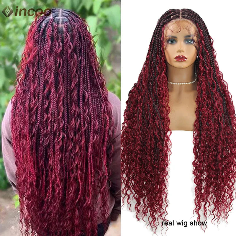 Long 32 Boho Braided Full Lace Front Wigs Synthetic Blonde Curly Goddess Locs Cornrows Wigs Pre Plucked Baby Hair Box Braids Wig Luxegan