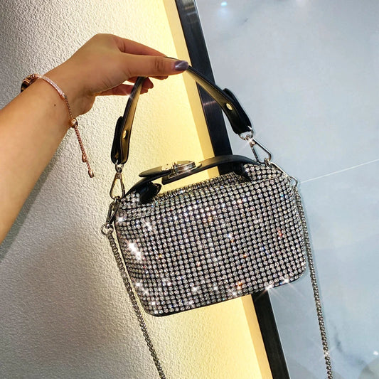 Luxury Rhinestone Box Clutch | Designer Silver Evening Bag Luxegan