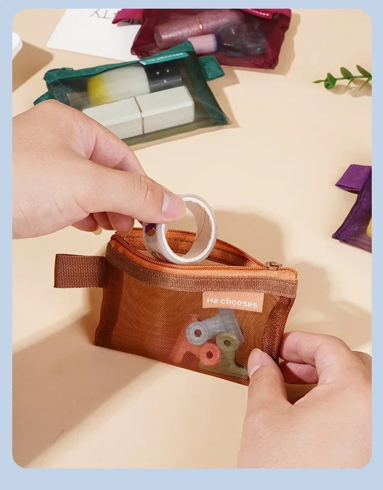 Pequeño Bolso Cuadrado de Color Sólido para Monedas, Organizador de Nylon de Malla para Pintalabios, Llaves, Auriculares, Tarjetero de Bus, Banco, Identificación, Tarjetas de Crédito, Estuche de Almacenamiento
