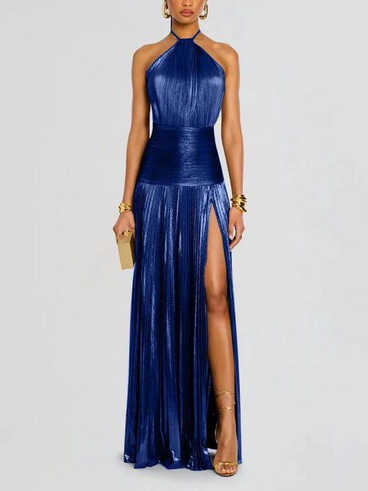 Women's Gold Halter Neck Evening Dress | Chic Solid Color Pleated Backless Party Gown | Slim Fit Package Hip Slit Maxi Dress | Trendy Summer Streetwear Vestido Model 8155 Luxegan