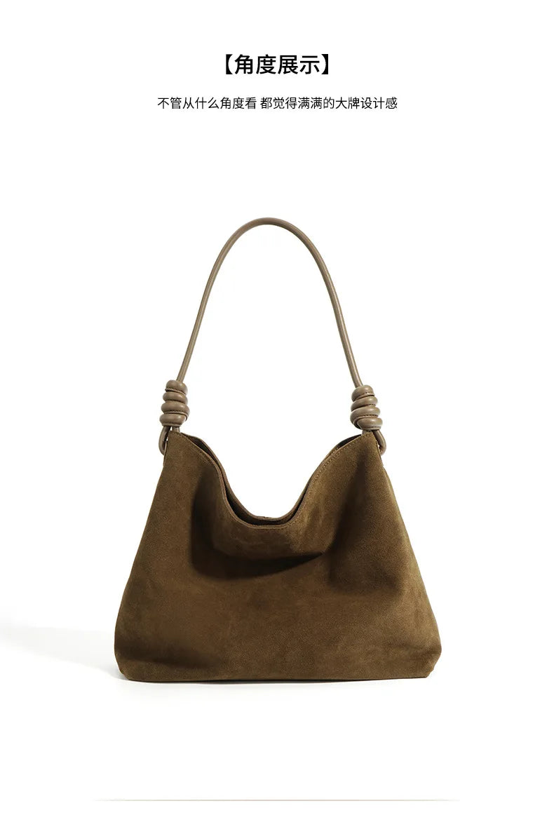 All-Match Chamois Matte Suede Cowhide Leather Tote | Large Capacity Designer Maillard Dressing Coffee Winter Ladies Handbag Luxegan