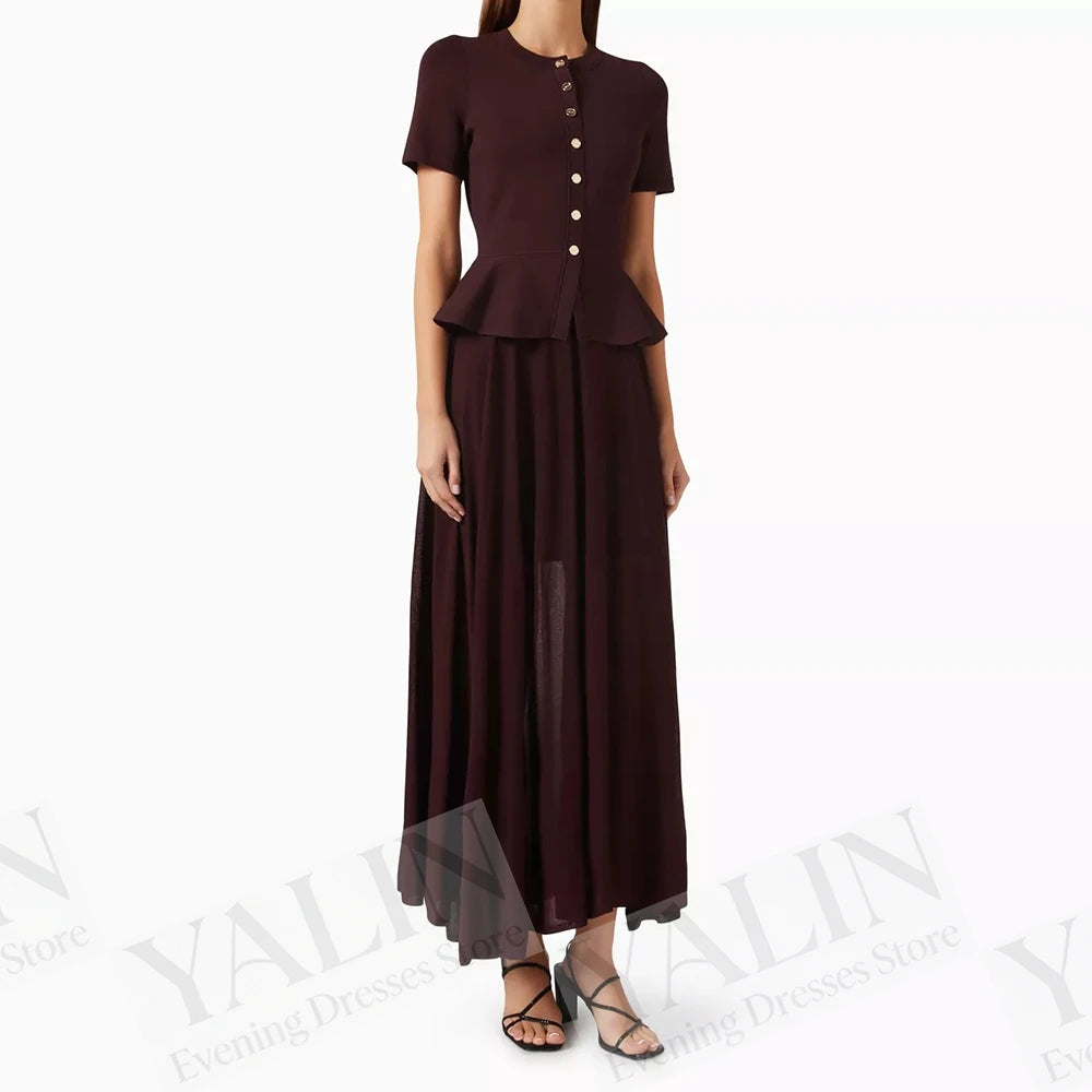 Sequined Button A-Line Prom Dress | O-Neck Short Sleeve Tea-Length Evening Gown Luxegan