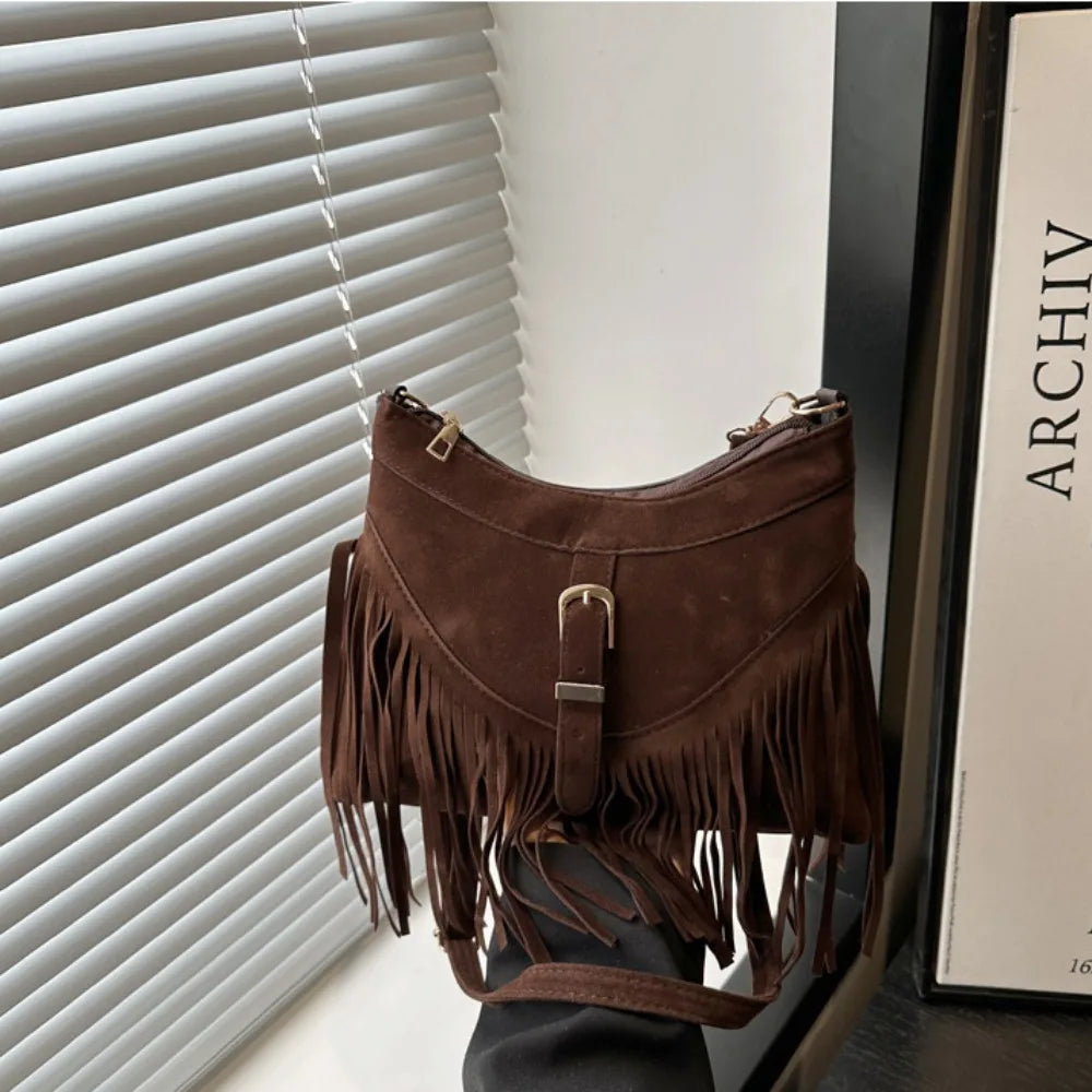 Casual Korean Tassel Shoulder Bag | Solid Color Suede & PU Leather Underarm Pack | Ethnic Bohemian Style Travel Handbag (Women) Luxegan