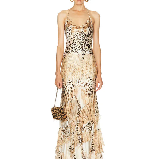 Leopard Print Tiered Ruffle Maxi Dress | Spaghetti Strap Halter High Waist A-Line Beach Gown Luxegan