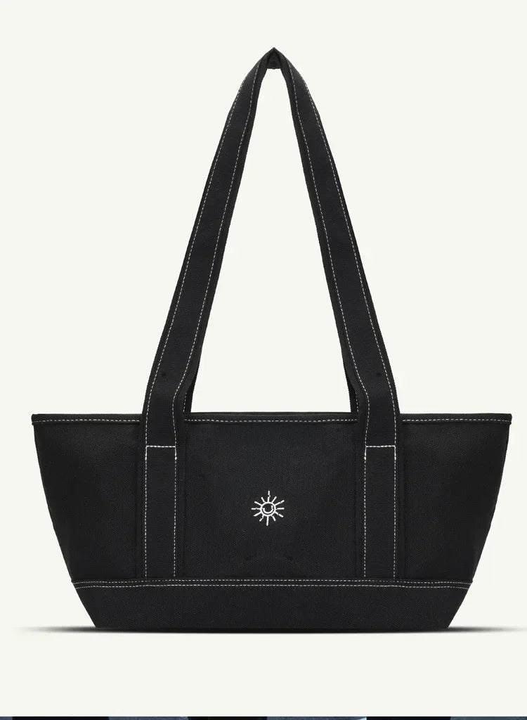 Large Capacity Canvas Shoulder Bag | Sophisticated Solid Color Tote Silhouette | Elegant "Zipper Closure" Stylish Handbag | "Dignified" Leather-Trimmed Purse for Radiant Versatile Styling Luxegan