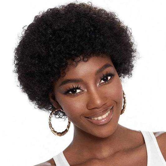 Afro Puff Curly Short Pixie Bob Wig | Glueless Full Machine-Made 100% Brazilian Remy Human Hair Wig | Realistic Fluffy Afro Kinky Wave Colored Wig for Women (Average Cap Size) Luxegan