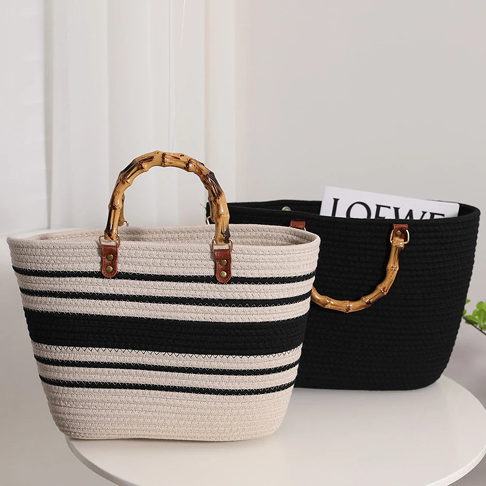 Exquisite Striped Cotton Woven Handbag | Large Capacity Women’s Weaving Bag with Bamboo Handles | Fashionable Beach Vacation Tote | Portable Seaside Party Handbag Luxegan