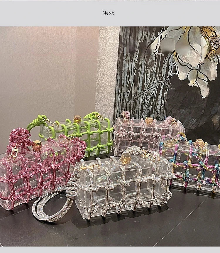 Diamond Clear Acrylic Box Evening Bag | Boutique Woven Knotted Rhinestone Purse | Luxury Party Clutch with Crystal Rope Handle & Metal Chain (Model 1201000988) Luxegan